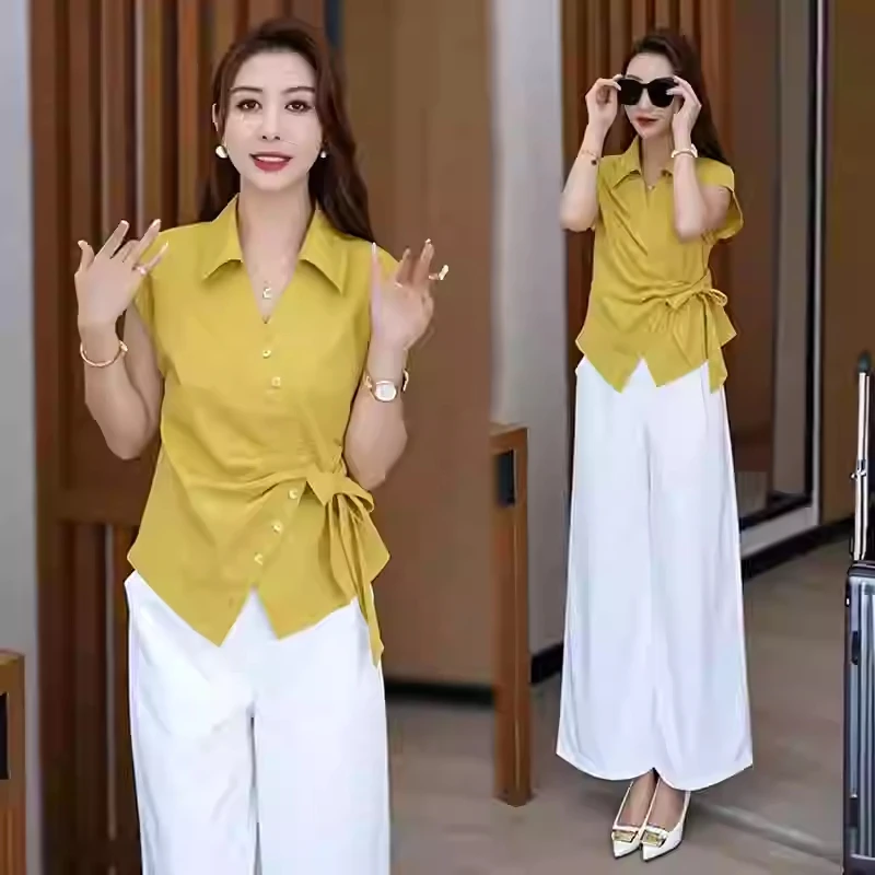 时尚套装女2025夏季新款不规则系带短袖V领衬衫休闲阔腿裤两件套
