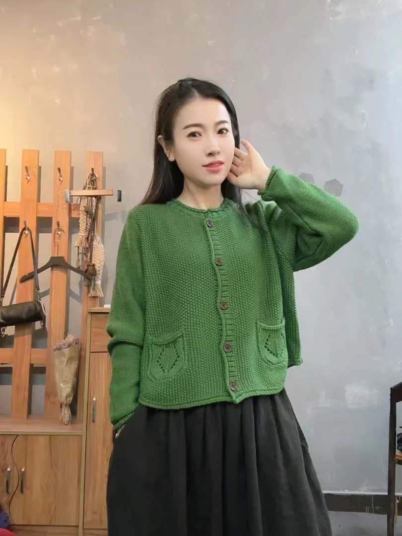 2614秋季新款棉线针织衫宽松圆领单排扣百搭开衫外套