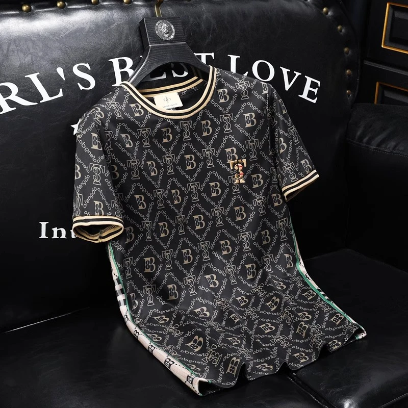 比宾贾瑟轻奢高端潮牌T恤男夏季修身印花拼接圆领百搭男士短袖