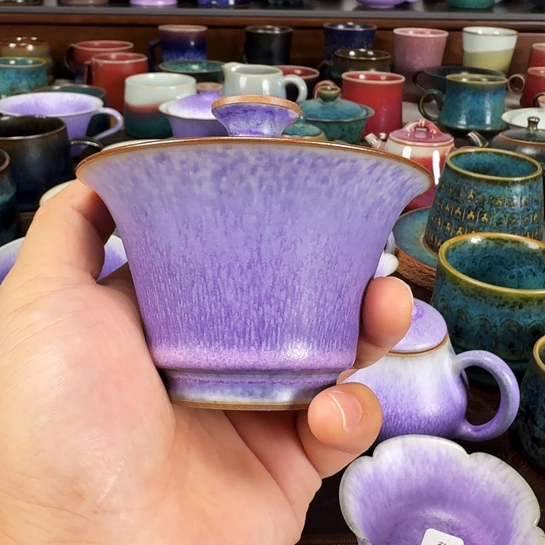 紫光釉马蹄盖碗茶器