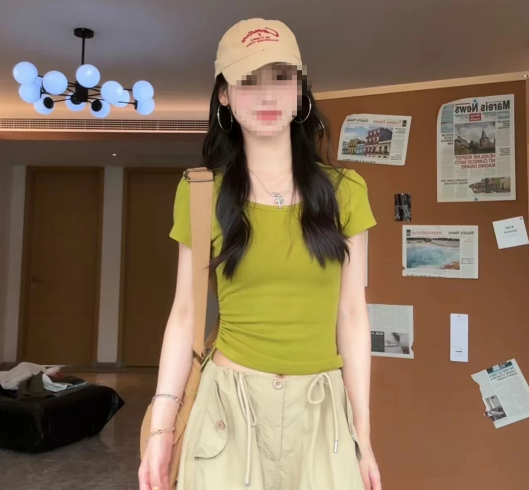 高密棉纯欲辣妹U领T恤女侧抽绳设计感高弹2025新款上