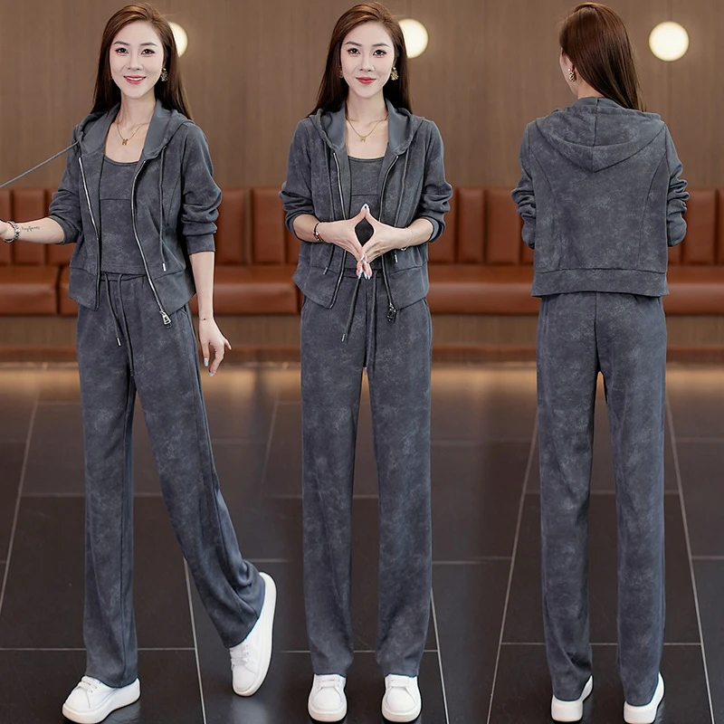 欧货时髦爆款运动套装女春秋2024新款韩版宽松高腰阔腿裤三件套潮