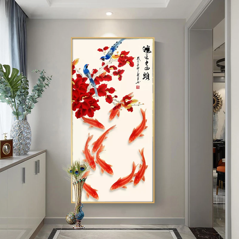 新款竖版玄关九鱼图鸿运当头满钻全贴魔方圆钻石画卧室客厅贴钻画