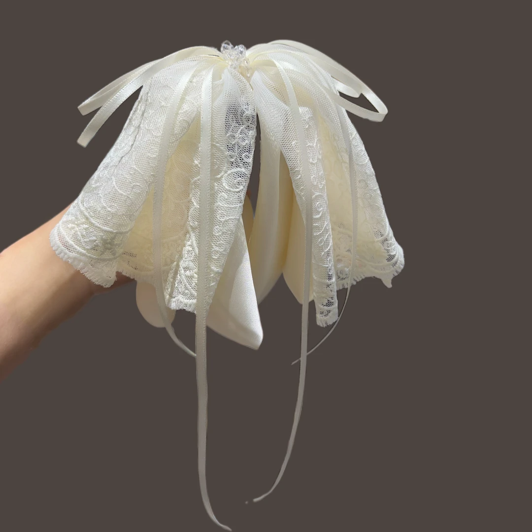 韩国高档重工刺绣花纹马尾抓夹丝带蝴蝶结蕾丝网纱小水晶发夹头饰