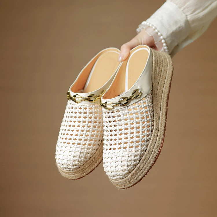 头层牛皮+编织4.5cm法式中跟舒适厚底一脚蹬百搭镂空包头拖鞋夏季