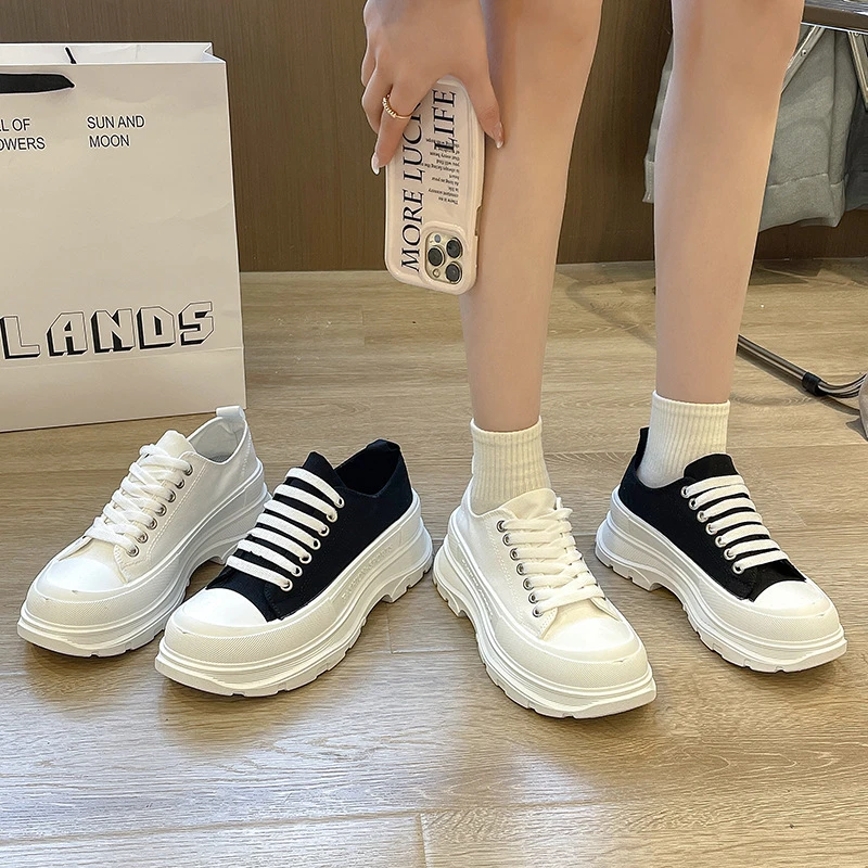 春秋新款帆布鞋女学生时尚板鞋休闲小白鞋低帮厚底情侣款男鞋外贸