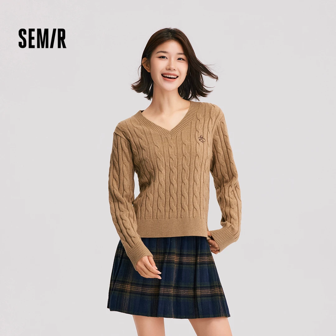 森柔毛衫|森马毛衣女刺绣V领显瘦宽松新款冬季绞花套头上衣复古风