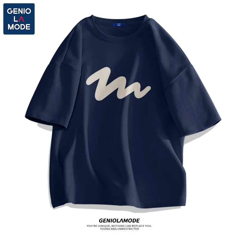 GENIOLAMODE藏青短袖t恤男夏季新款涂鸦简约男生纯棉百搭衣服t恤