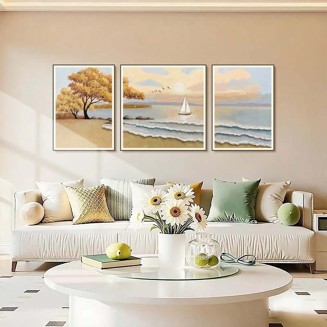 【黎总】 黄金海岸客厅装饰画沙发背景墙立体三联手工画客厅挂画