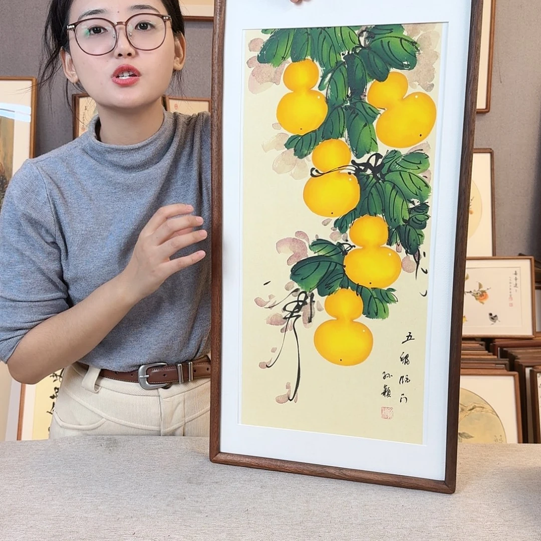 国画纯手绘，纯手写带框尺寸：36×69厘米
