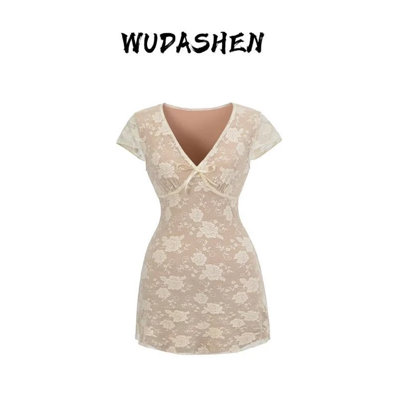 【你伍老板娘】“金丝雀”蕾丝双层不透深A字短袖连衣裙