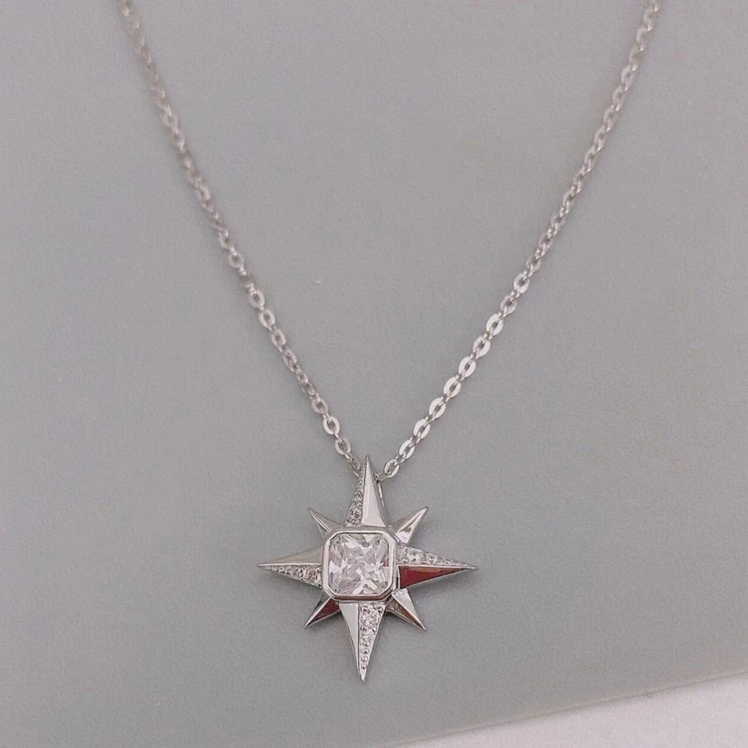 坠链均925银合成锆石 ac132【八芒星银项链】精致气质锁骨链04186