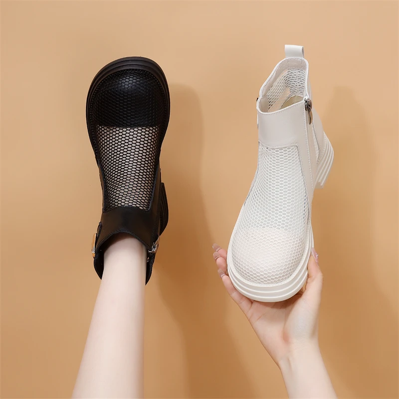 英伦风平底网纱马丁靴女2025夏季新款时尚软底配裙显瘦炸街凉靴潮