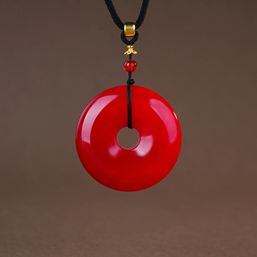 Y-680 天然玛瑙 鸽血红平安扣吊坠 直径约48mm厚10mm 配绳