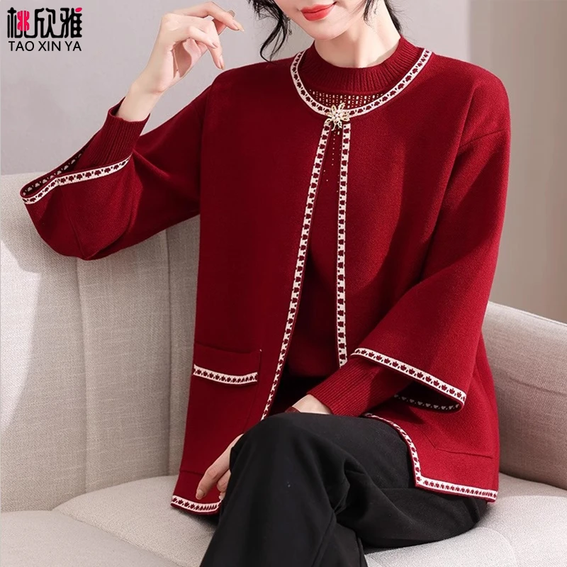 妈妈春秋红色针织外套洋气婚宴礼服中老年女装本命年毛衣两件套装