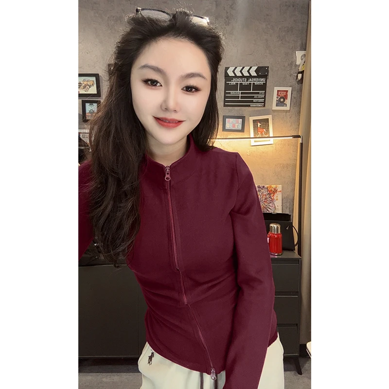 双面德绒拉链立领小开衫女修身显瘦长袖t恤上衣