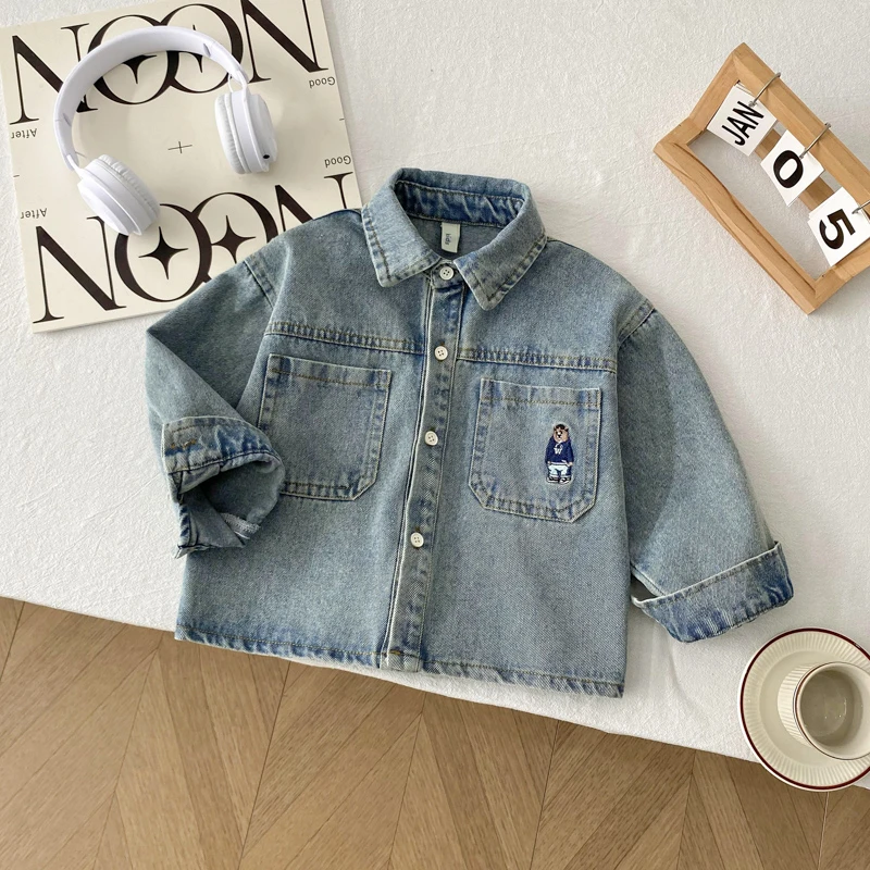 春季新款儿童装2025韩版小熊刺绣牛仔衣男童帅气百搭长袖衬衫童装