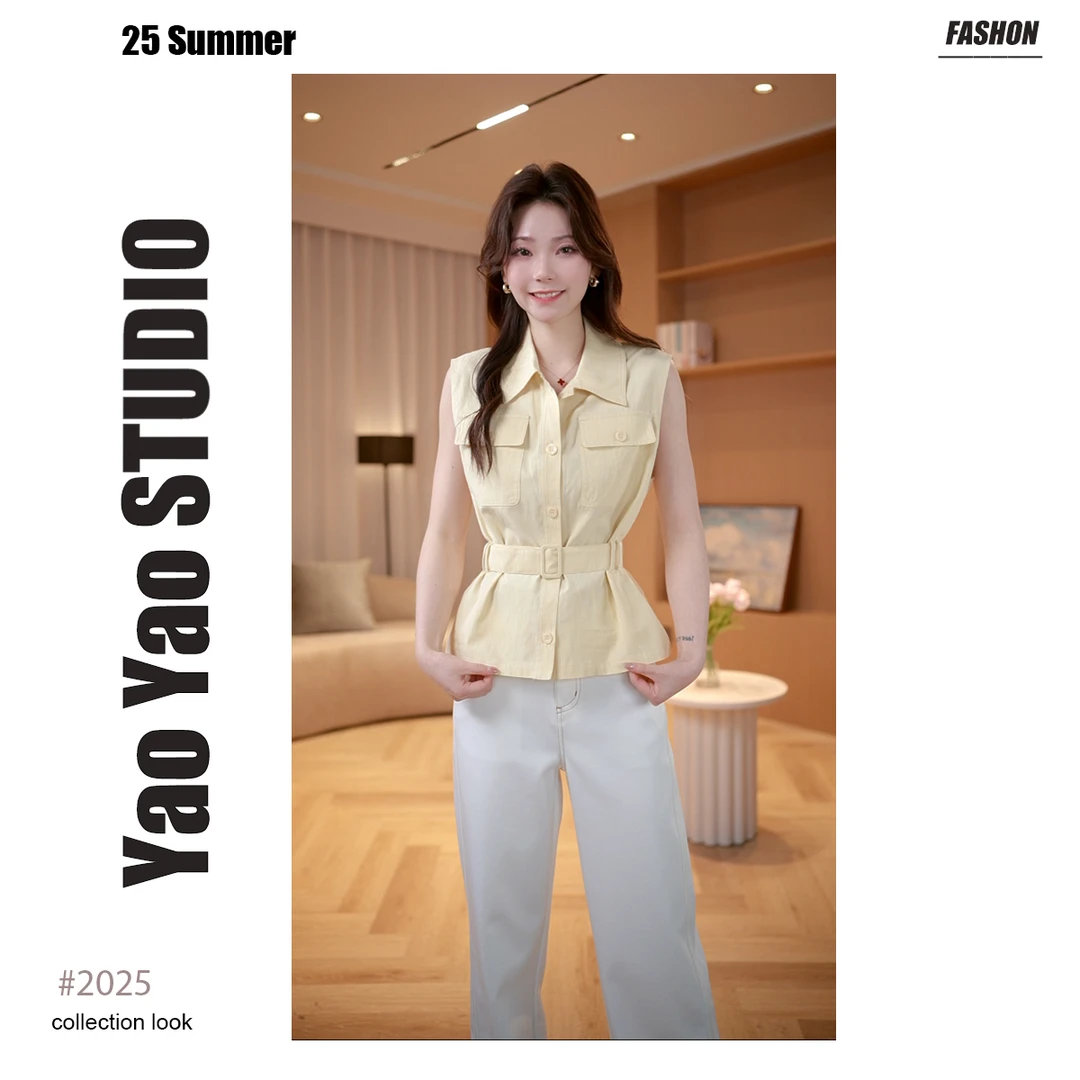 黄色工装背心设计感Polo领单排扣显瘦休闲马甲女XU0A82573 Y