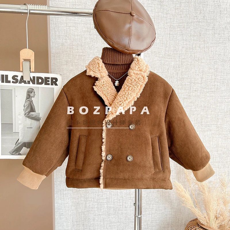 啵小爸【棕系旅人】2024春秋冬季男童韩版双排扣设计加绒加厚外套