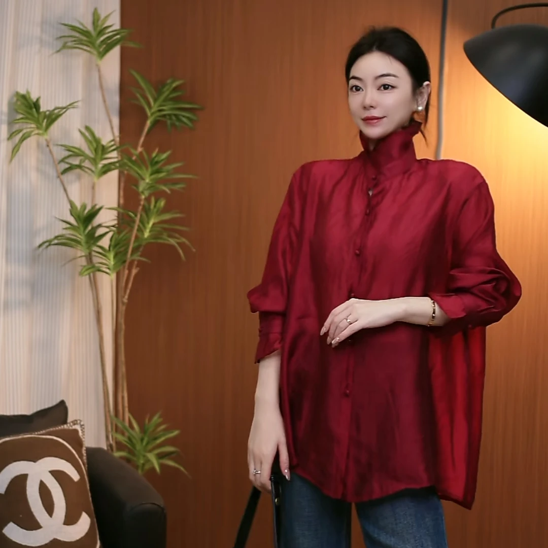 【大蜜】7231#流光缎面鎏金质感高级贵气款长袖立领衬衫女