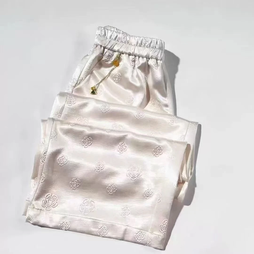 【玫瑰花】提花国风春夏新品松紧腰直筒阔腿裤2025A7722-伊伊