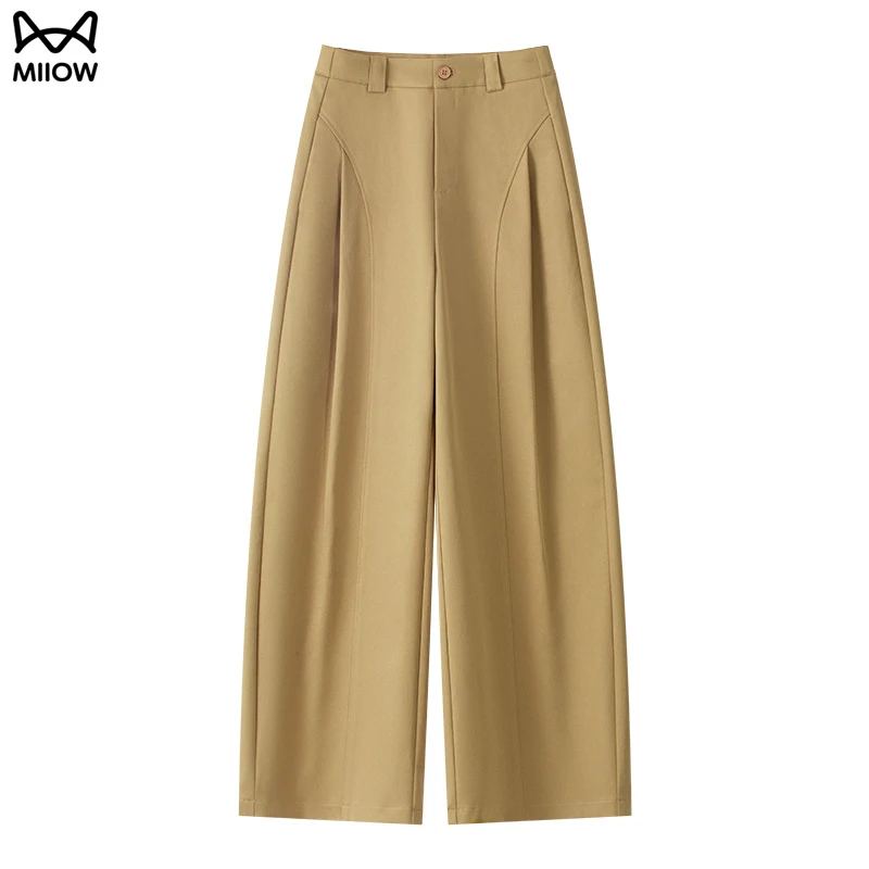 美式卡其色弯刀裤女秋季新款时尚压褶宽松显瘦阔腿休闲直筒西装裤