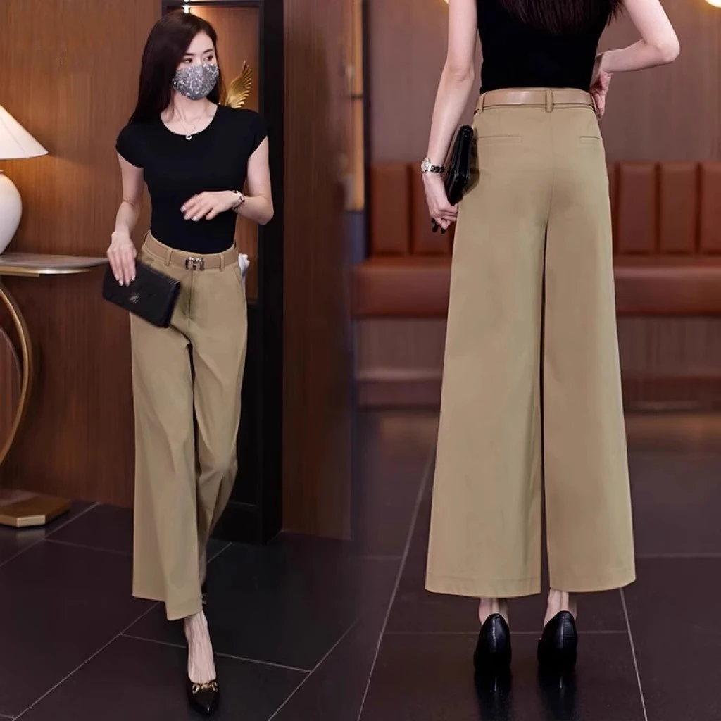 拉夏贝尔卡其色九分阔腿裤女2025夏季新款高腰显瘦休闲宽松直筒裤