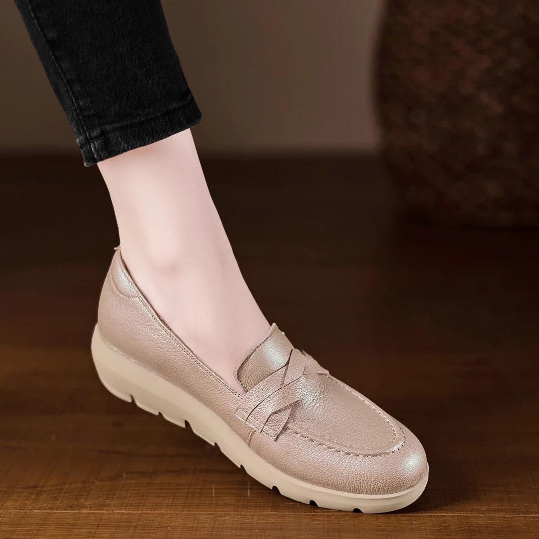 小个子手工女鞋4.5cm~圆头乐福鞋女单鞋软底平底浅口不累脚小皮鞋