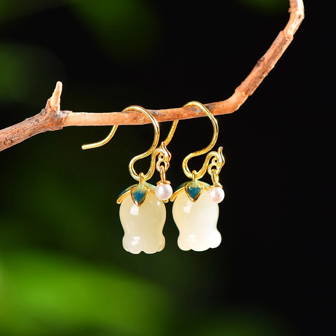 S925银镶嵌天然和田玉耳坠新中式凤钩玉兰花耳环复古耳饰7863