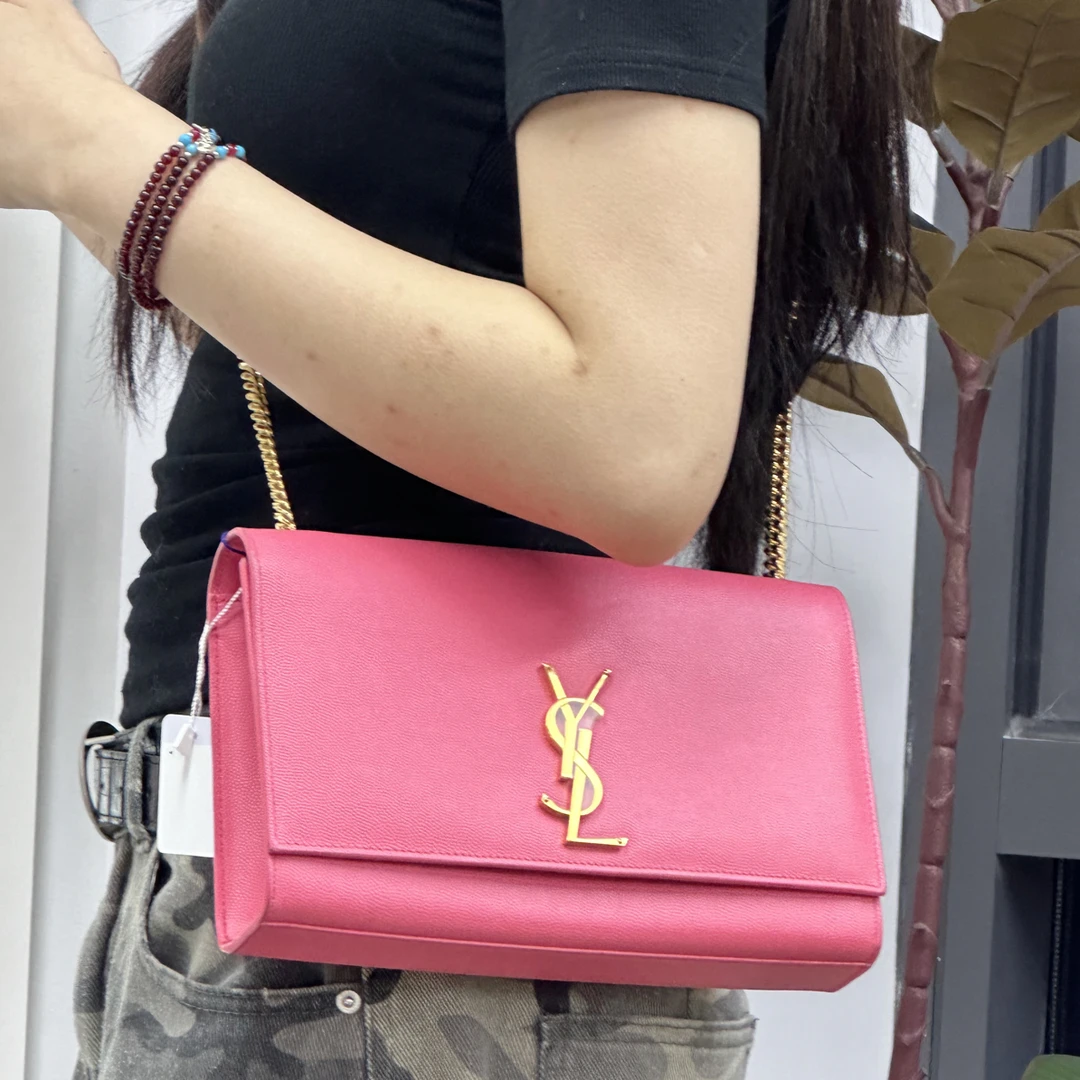 95新 YSL/圣罗兰 玫粉鱼子酱拉斜挎包斜跨链条包