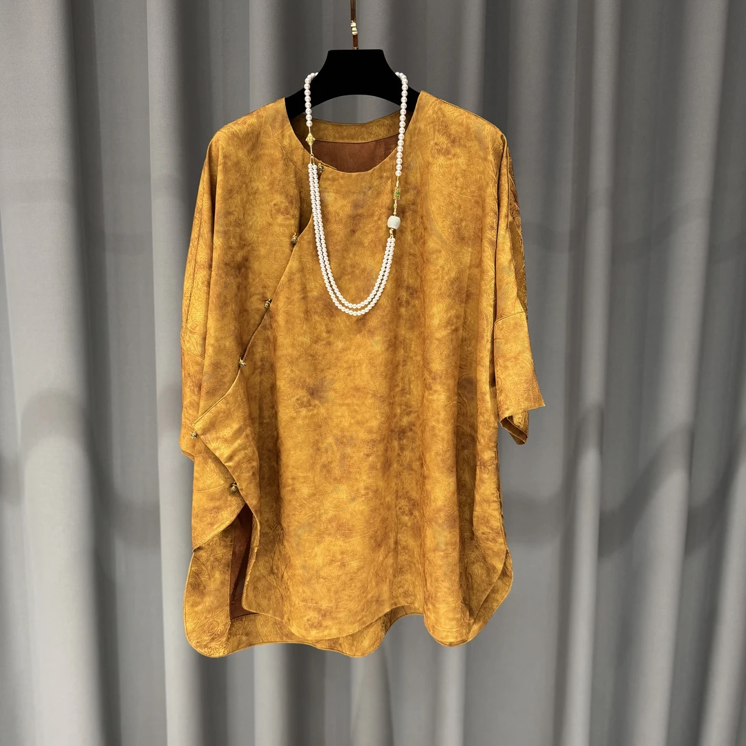 【琉璃金沙】上衣时尚百搭夏季国风宽松圆领提花重磅复古衬衣