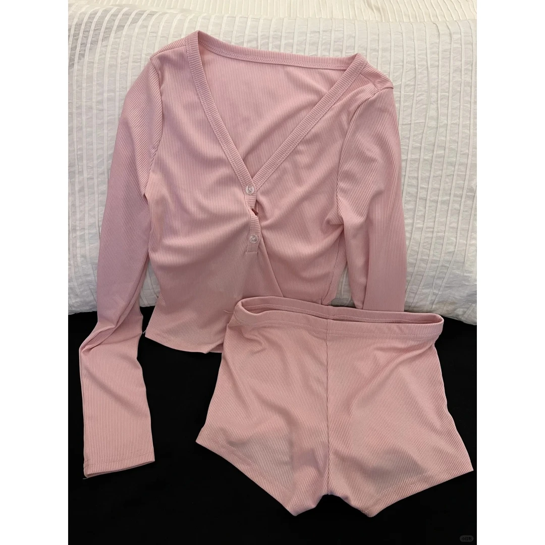 纯欲风纯色显瘦长袖睡衣女夏季新款短裤套装休闲舒适居家家居服夏