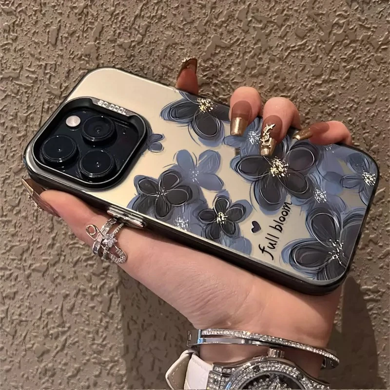 iphone16promax手机壳时尚15pro彩绘花朵个性创意磨砂彩银手机套