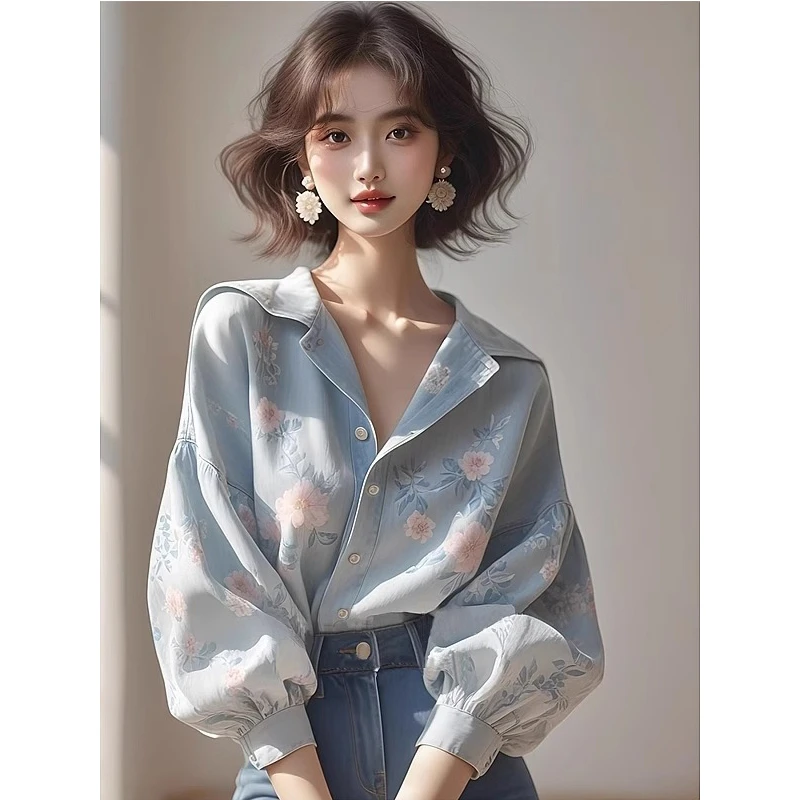 2025春季新款别致绝美法式泡泡袖上衣独特漂亮气质浅蓝色碎花衬衫