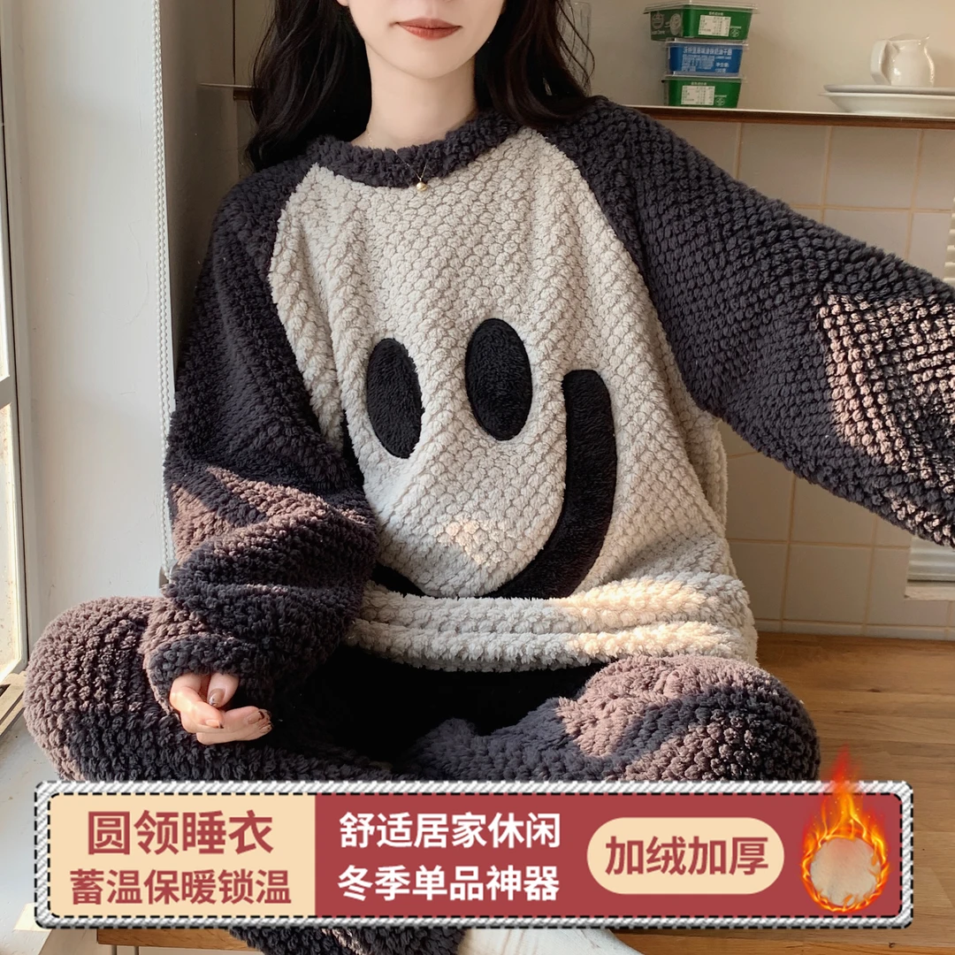 睡衣女冬季加厚加绒珊瑚绒条纹保暖套装少女简约可外穿休闲家居服