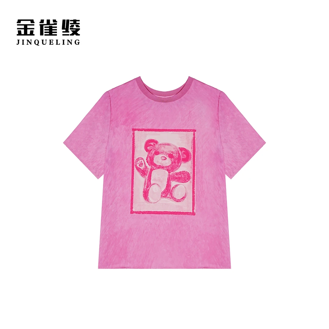 金雀绫【小粉熊】桑蚕丝春夏时尚简约印花圆领卡通小衫SZA1S037