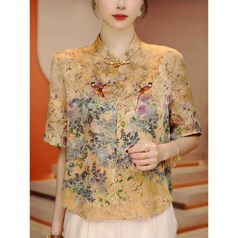 国风印花短袖立领小衫夏季新款时尚气质显瘦I减龄百搭宽松女上衣