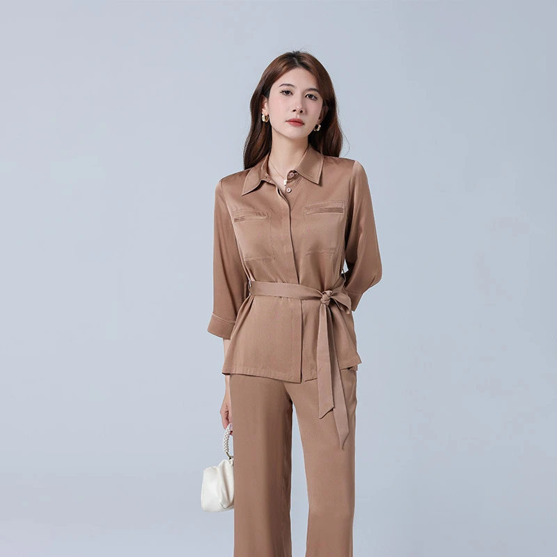 2024新款真丝衬衫套装女春季休闲七分袖桑蚕丝通勤上衣长裤两件套