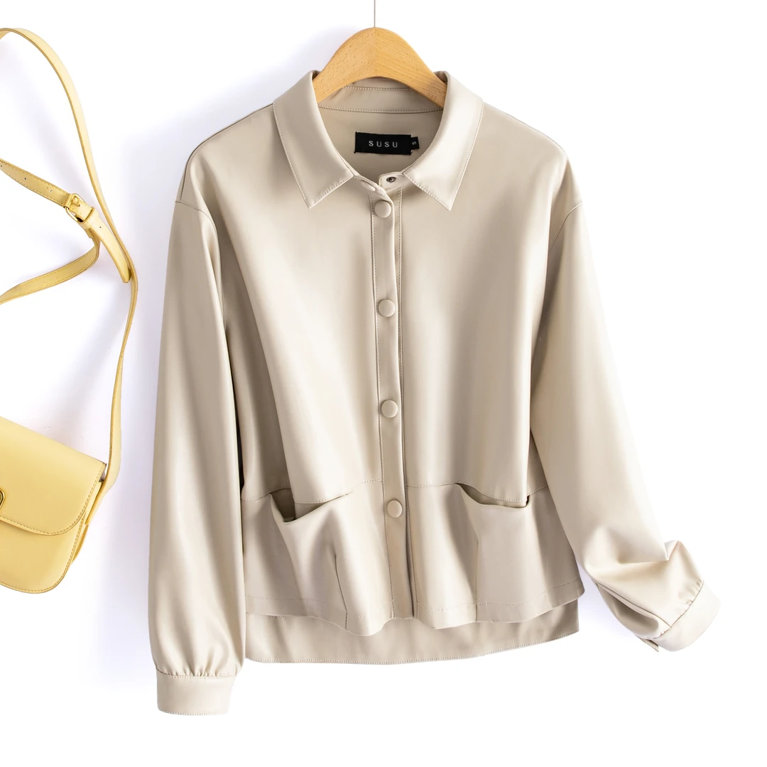 A类轻奢短款皮外套百搭显瘦时尚米白色皮外套气质绵羊皮