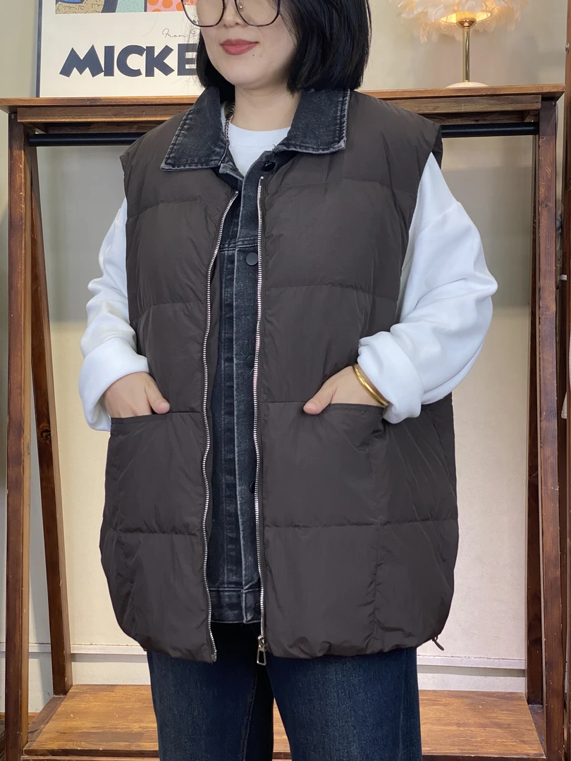 假两件羽绒马甲-3472大码女装冬季胖MM宽松牛仔拼接纯色潮流