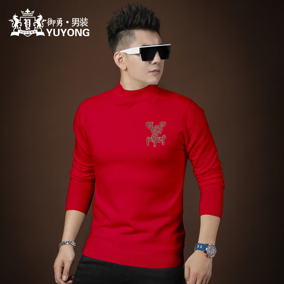2025新款大红色本命年衣服半高领针织衫男士毛衣秋冬季长袖打底衫