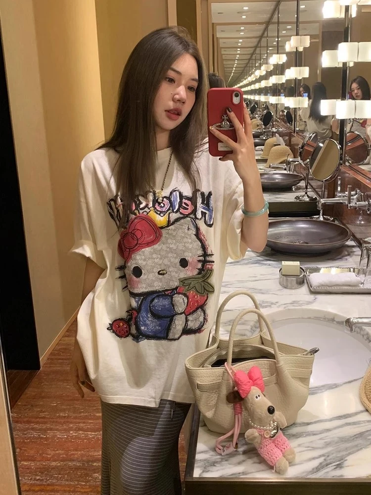 韩系chic时尚凯蒂猫印花短袖t恤女夏季新款宽松纯棉白色半袖上衣