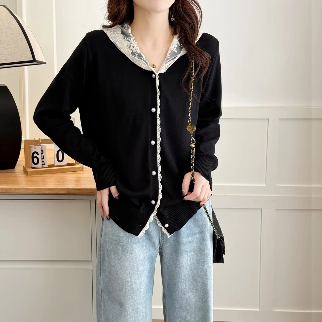 大码女装春款时尚休闲纯色拼接蕾丝帽宽松显瘦百搭针织衫2179