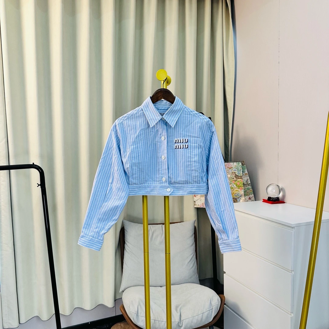 99新 MIU MIU/缪缪 玄色 蓝色条纹logo长袖衬衫 38码/99新 无配件