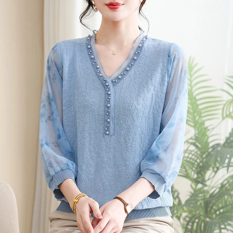 中年妈妈春装2025新款七分袖上衣宽松钉珠打底小衫中老年女装上衣