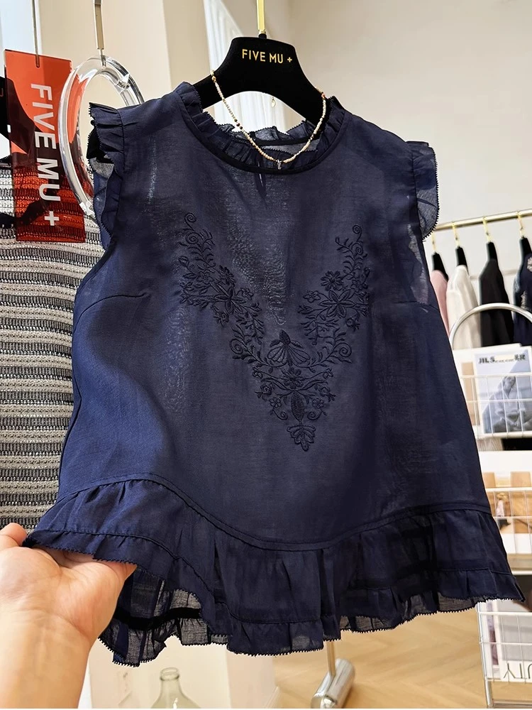 重工刺绣韩系拼接木耳边无袖小衫夏季好看的薄款上衣外穿马甲背心