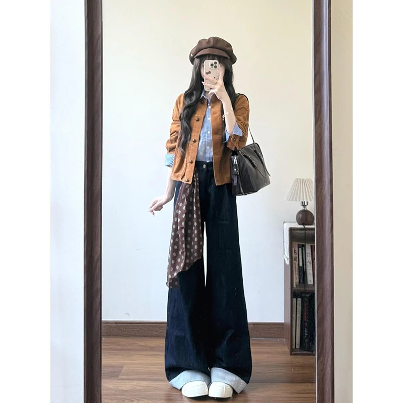 复古港风纽扣翻领外套女2025年秋季新款ins修身百搭长袖夹克上衣