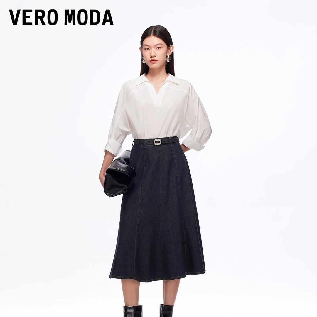 Vero Moda半身裙2025秋冬新款含棉腰带闪钻A字牛仔裙325437004