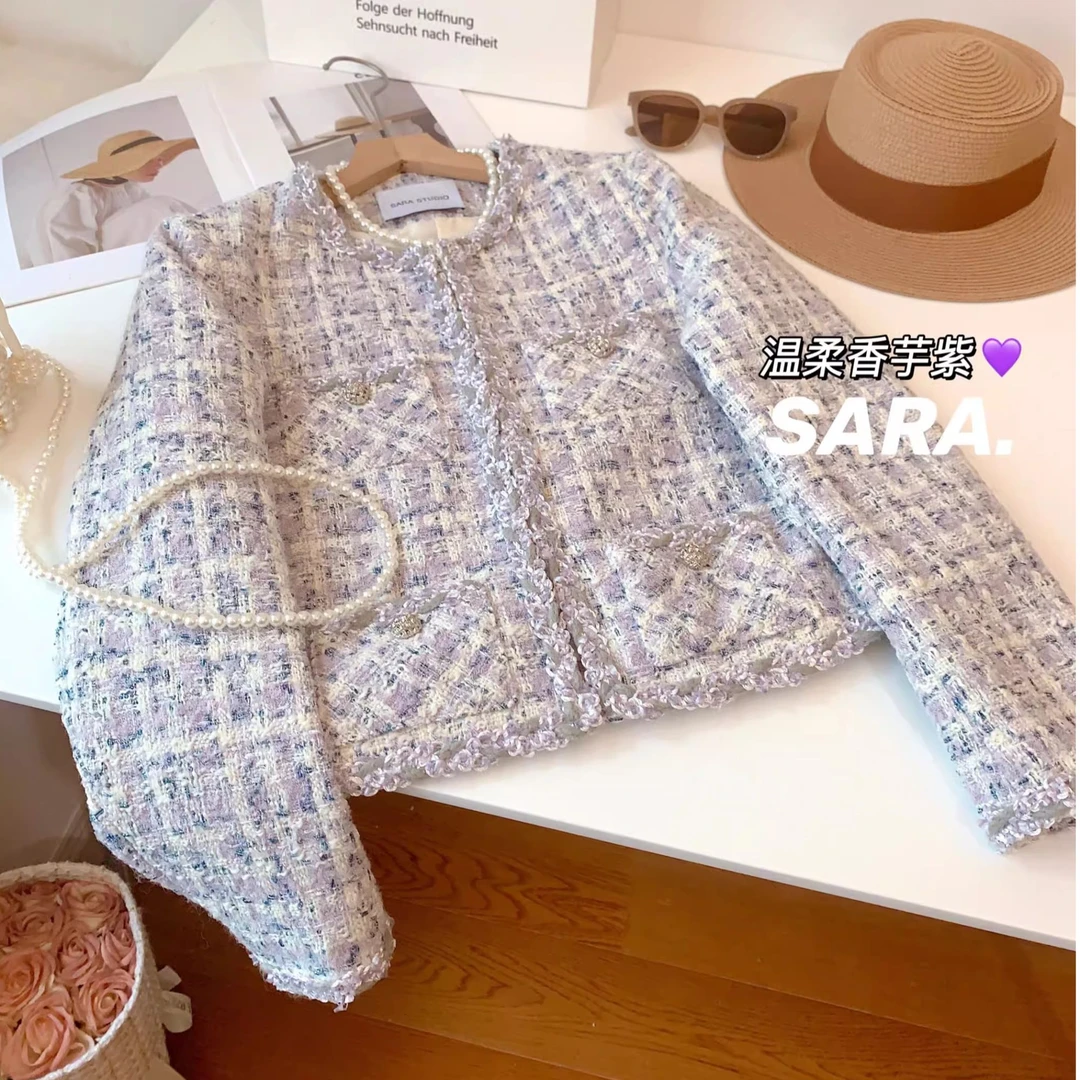 富家千金紫色小香风外套女春秋新款圆领粗花呢编织短款西装上衣