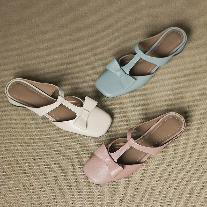 法式气质低跟包头半拖鞋女夏季新款方头粗跟中跟外穿一脚蹬凉拖鞋